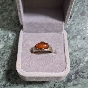 Sterling Silver Amber Cabochon Ring - Brown Amber